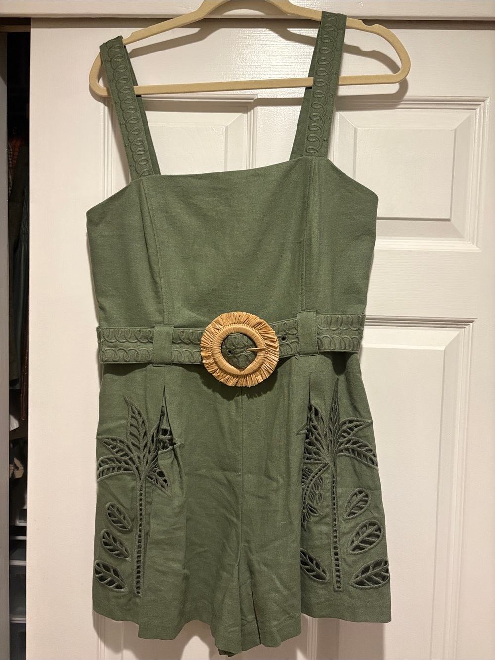 Caroline Constas Olive Green Embroidered Romper with Rattan Buckle